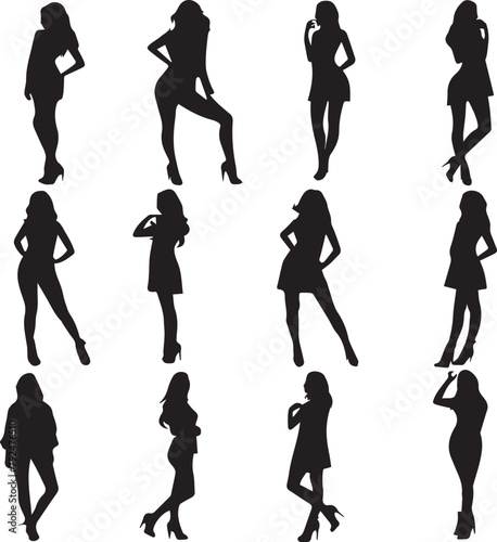 Set of Silhouette Girl in different position vector illustration.