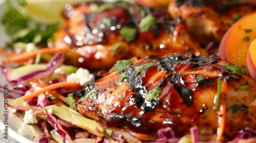 A dish made with barbeque chicken served with a slaw made of peaches and feta cheese.