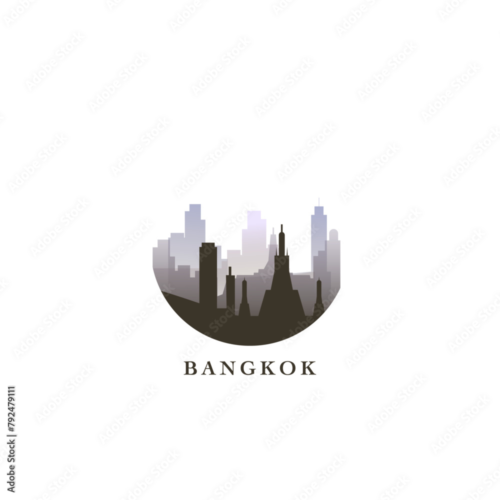 Bangkok cityscape, gradient vector badge, flat skyline logo, icon. Thailand capital city round emblem idea with landmarks and building silhouettes. Isolated graphic
