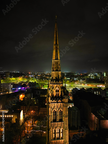 Aerial view of Illuminated Historical Central Coventry City of England, United Kingdom. April 8th, 2024 © Altaf Shah