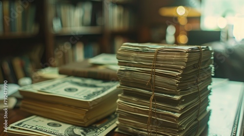Stack of dollar bills representing income photo