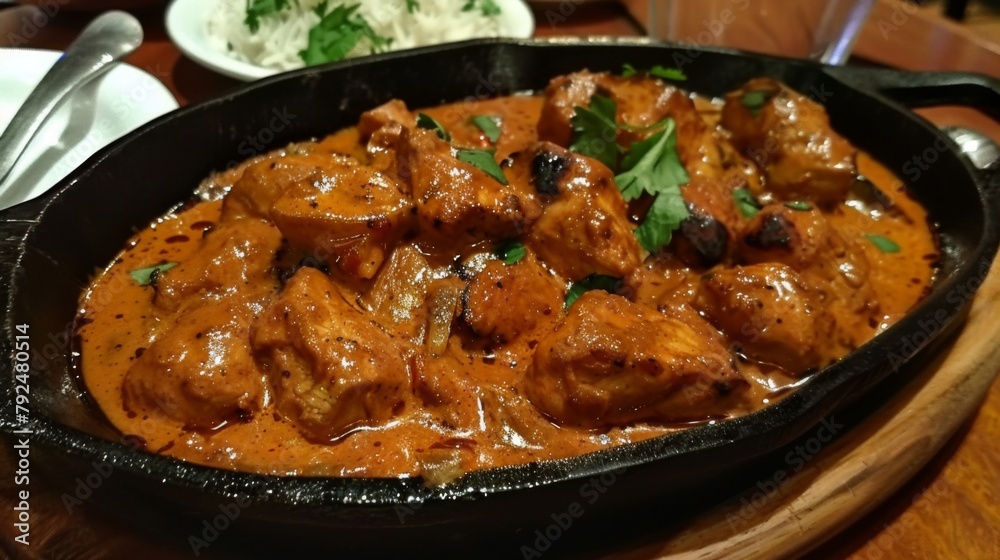 Spicy chicken tikka masala served sizzling on a cast iron skillet, ready to tantalize taste buds.