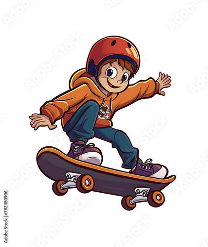 Illustration of a tattooed skateboarder performing a trick, his focused gaze and body angled for balance.Generative AI