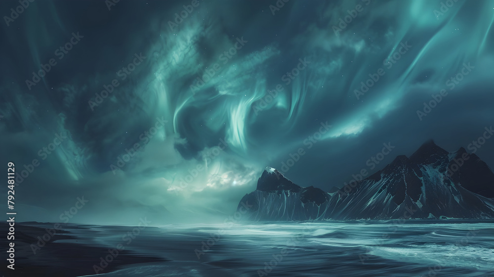 Mesmerizing Aurora Borealis Illuminating the Arctic Landscape under a Turbulent Stormy Sky