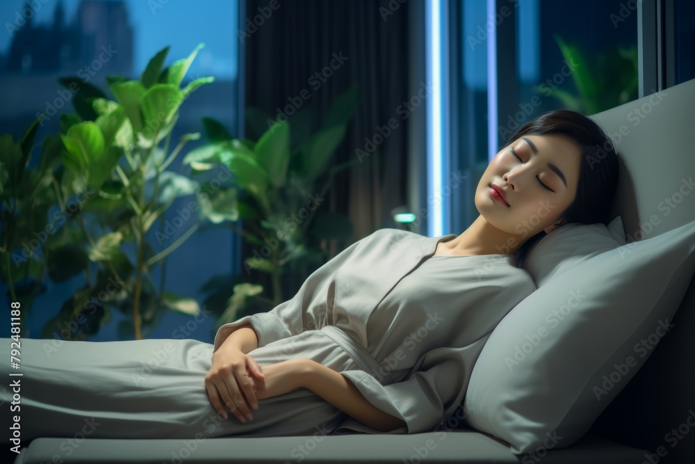 Young South Korean female enjoying a peaceful sleep in a stylish hotel room, wearing pajamas, experiencing Sleep Tourism Young South Korean female enjoying a peaceful sleep in a stylish hotel room, wearing pajamas, experiencing Sleep Tourism