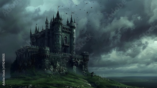 A Brooding Gothic Castle Perched Atop a Cliff Under a Stormy Ominous Sky