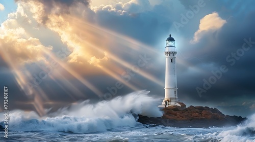 Solitary Lighthouse Defying the Stormy Oceanic Skies with Radiant Beams of Light