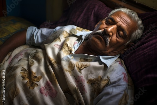 The elderly Indian male dozing off in a hotel room bed, dressed in comfortable sleepwear, indulging in Sleep Tourism