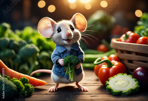 Adorable Cartoon Mouse with Fresh Vegetables photo