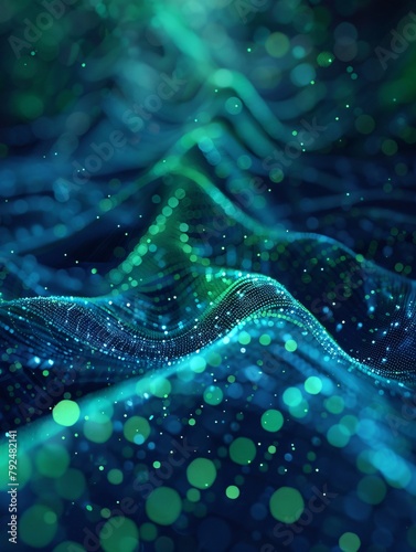 3D rendering of a green and blue particle wave.