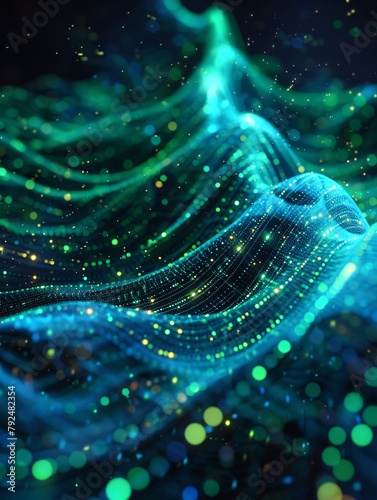 3D rendering of glowing blue and green waves with particles.