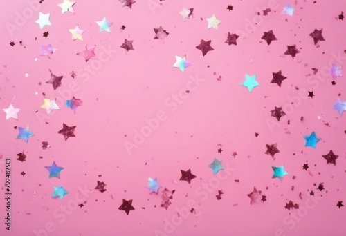 'Flat glitter backdrop. background confetti copy pastel Christmas pink lay form holographic view New congratulations top Birthday stars Festive holiday space. star your g'