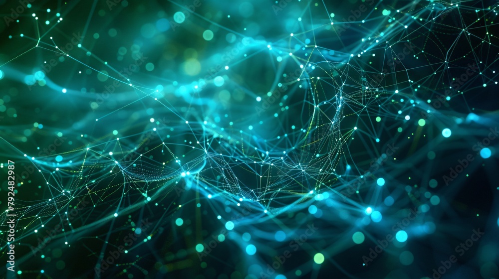 A glowing blue and green neural network of interconnected nodes. A glowing blue and green neural network of interconnected nodes.