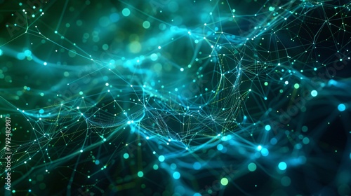 A glowing blue and green neural network of interconnected nodes. photo