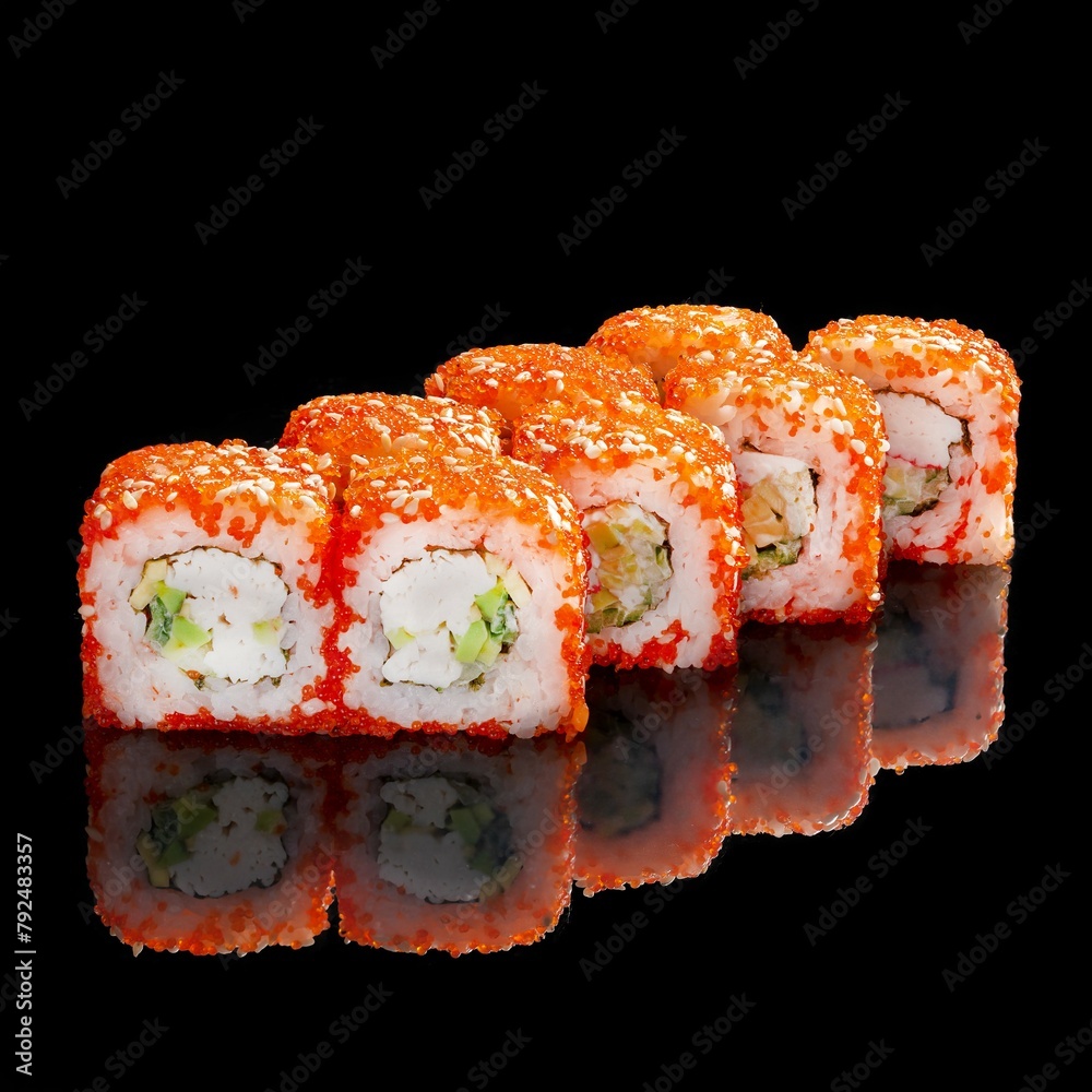 California classic sushi rolls on a black mirror background. - obrazy, fototapety, plakaty 