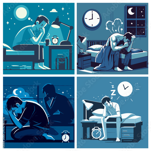 Four minimalist vector design about a Person Struggling to Sleep