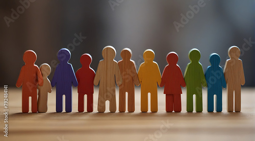 Wooden piece cut out of colourful Diversity of human shaped wooden toys, workplace inclusivity world day cultural multicultural multiracial inclusive friendly cohesive teamwork concept, blurred