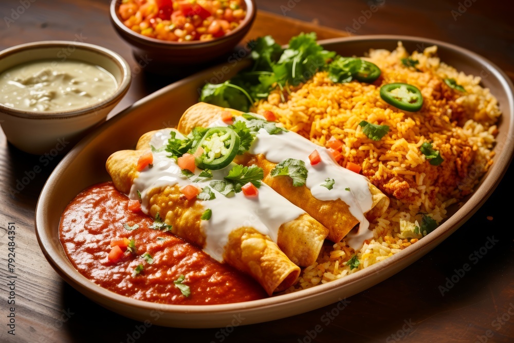An Overhead shot of a festive platter of chicken enchiladas, smothered in tangy red sauce and melted cheese, served with a side of Mexican rice and refried beans
An Overhead shot of a festive platter of chicken enchiladas, smothered in tangy red sauce and melted cheese, served with a side of Mexican rice and refried beans