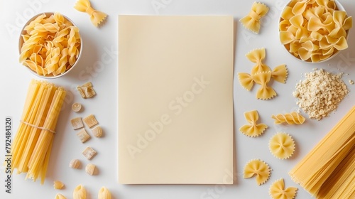 A white background with a blank notepad featuring different types of pasta.