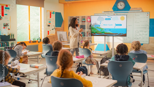 Primary School Children Learning Basic Information About Water Cycles: Geography Teacher Educating Smart Diverse Kids in a Modern Colorful Classroom. Schoolchildren Understanding Weather Factors photo