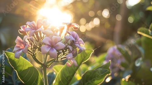 The crown flower, also known as Calotropis gigantea, blooms in the morning under the sunlight. photo