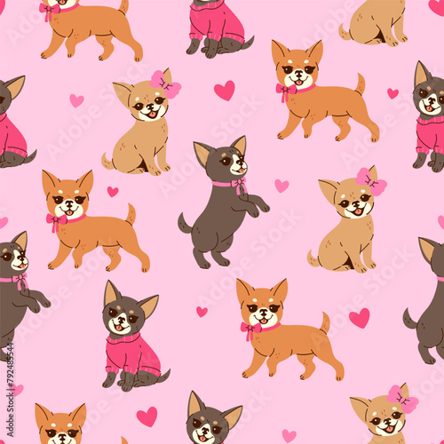 Seamless pattern with cute chihuahuas with pink bows. Vector graphics. © Екатерина Зирина