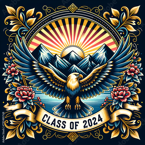 Graduation label design. Class of 2024. Congrats Graduates emblem with egle and mountain, sun and grad cap in flowers frame.