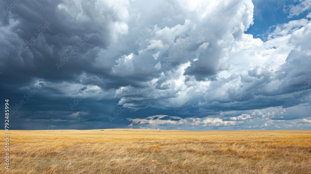A gathering of dark clouds looms over the horizon signaling an approaching storm on the barren prairie. . A gathering of dark clouds looms over the horizon signaling an approaching storm on the barren prairie. .