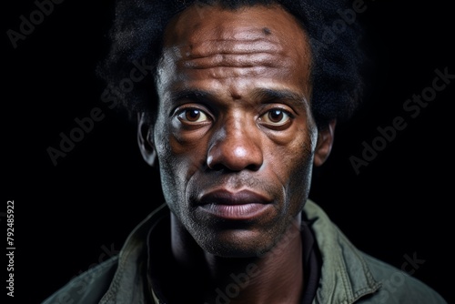 A man with long freckles on his forehead and nose. He is of African American nationality, around 40 years old.