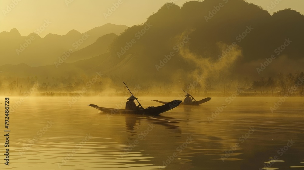 With the backdrop of misty mountains, traditional Burmese fishermen go about their daily routine on Inle Lake, embodying a deep connection to the water and the rich cultural heritage of Myanmar.