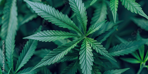 dark green hues of marijuana leaf with single serrated edge with multiple pointed leaflets radiating from a central stem 