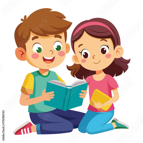 Two enthusiastic children, boy and girl sharing books and learning together, vector cartoon illustration.