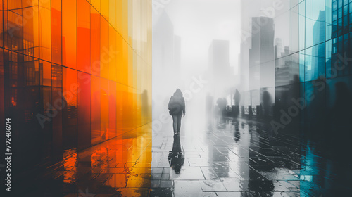 Silhouette of a solitary figure walking through misty, colorful urban landscape reflecting on wet ground, concept of solitude. photo