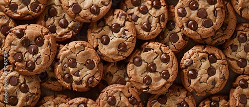 Illustrate an aerial perspective of an indulgent cookie spread, accentuating the chewy centers, crisp edges, and generous chocolate chips Enhance it with warm, inviting colors to evoke a sense of comf photo