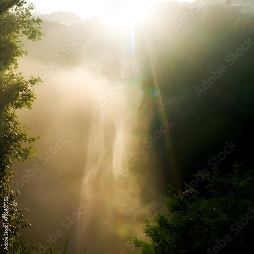 Dreamy sunlight filters through a delicate mist  creating a magical aura. Lush greenery peeks through the ethereal cloud in this enchanting forest scene.