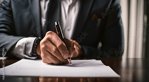 Close-up of a person's hand signing a legal contract photo