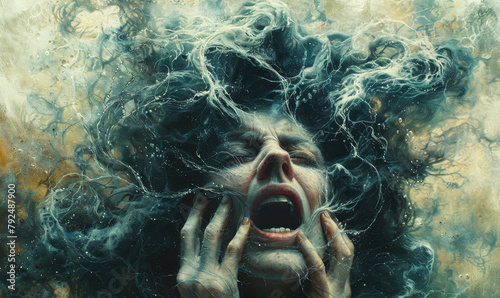 Inner Turmoil: Abstract Portrait of Emotional Conflict in Surreal Art Therapy photo