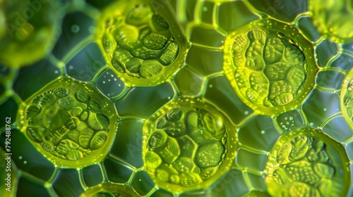 A magnified view of the chloroplasts within an algal cell responsible for photosynthesis and giving the cells their characteristic photo