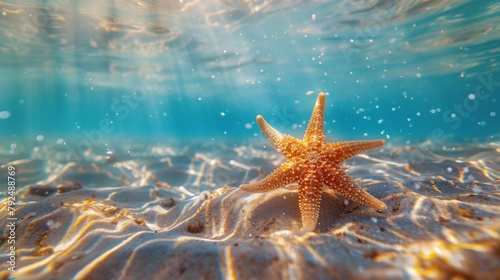 Underwater shot of a graceful starfish gracefully gliding through the azure ocean waters