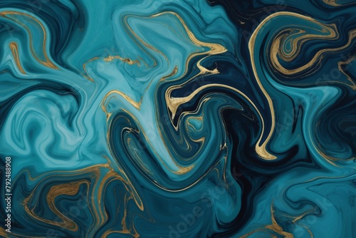 Abstract teal blue marble texture with gold splashes curve lines, blue luxury background