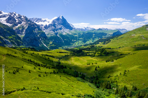 View on the alpine valley Grindelwald. Jungfrau, Switzerland. Under the Bernese alps. Mountain village.