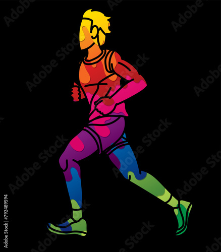A Man Running Action Marathon Runner Male Movement Cartoon Sport Graphic Vector