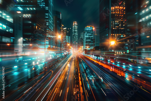 Road in the night city. Colorful light trails. Long exposure. Background image. Created with Generative AI technology © Artem