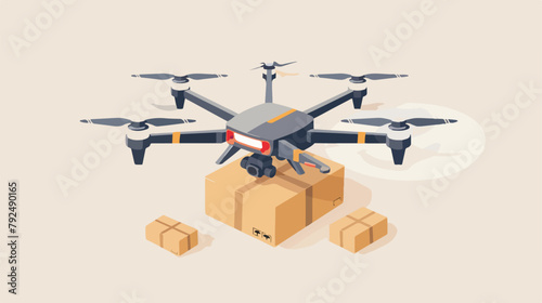 Flying drone quadcopter with cardboard boxes. Vector