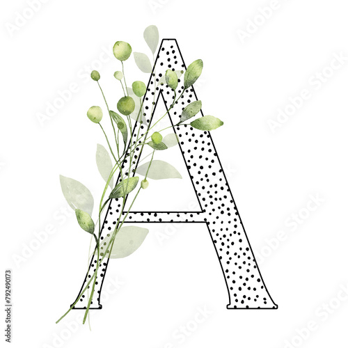 Letter A, floral monogram with watercolor leaf. Letterhead, initial perfectly for wedding invitation, greeting card, logo, poster and other design. Holiday design hand painting.