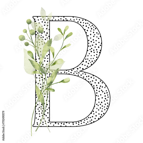 Letter B, floral monogram with watercolor leaf. Letterhead, initial perfectly for wedding invitation, greeting card, logo, poster and other design. Holiday design hand painting.
