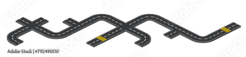 Isometric asphalt road map. Vector illustration of city highway with pedestrian crossing and intersections. motorway construction for direction navigation or timeline concept. Street journey element.