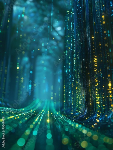 Blue and green glowing particles form a beautiful digital forest.