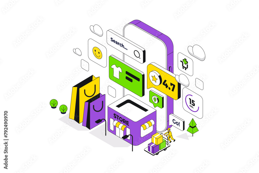 Online Shopping Store composition. Isometric phone makes a purchase in Marketplace. Shopping cart with a package. Vector illustration