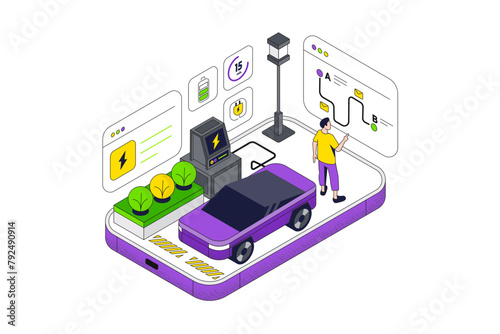 Electric automobile, mobile phone, speedometer, wrench, electronic indicators. Concept of smart car monitoring or remote control system, maintenance and repair service. Isometric vector illustration.
